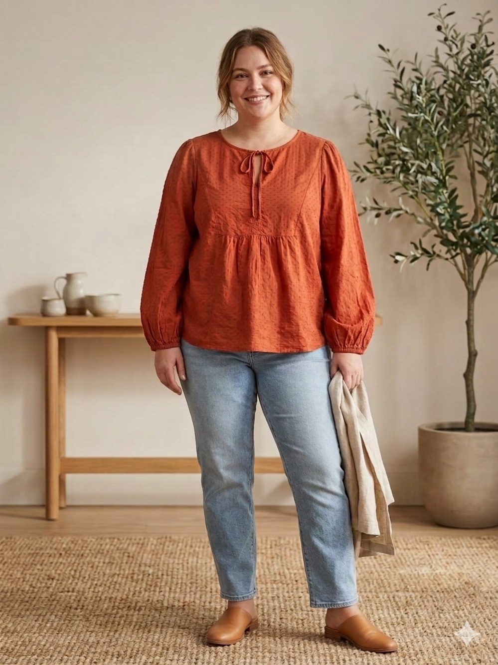 Universal Thread Rust Tie-Neck Peasant Blouse